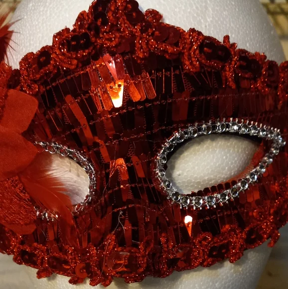 New,red sequin masquerade mask, side design flower detail. material is plastic. - Picture 3 of 3